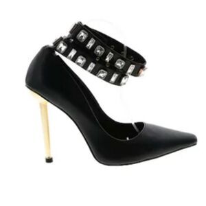 Azalea Wang Rhinestone Ankle Strap Pumps Black New 6.5